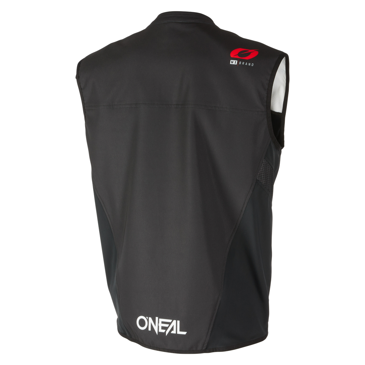 Das Bild zeigt die Rückansicht der O'NEAL Soft Shell MX Vest, einer ärmellosen schwarzen Sportweste mit O'NEAL-Branding am unteren Rand und dem O'NEAL-Logo in Rot auf der oberen rechten Schulter. Die Weste scheint für sportliche oder Outdoor-Aktivitäten konzipiert zu sein.