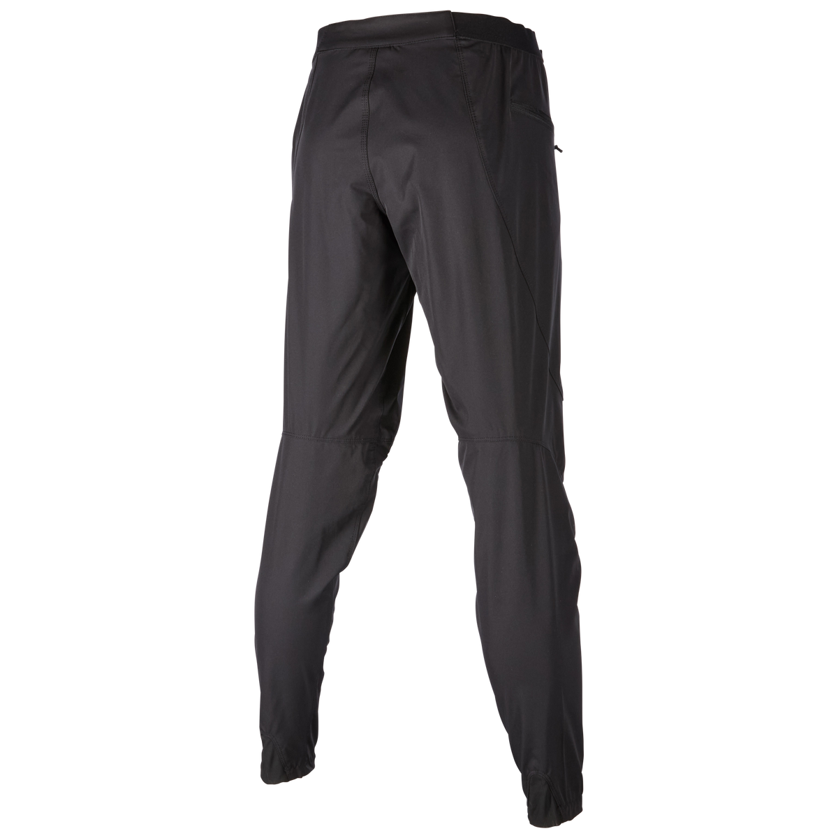 Schwarze Sporthose von hinten, die ihr schlankes Design und ihre schmale Passform hervorhebt. Die O'NEAL TRAILFINDER Women's MTB Hose von O'NEAL bietet sowohl Komfort als auch Schutz mit einem Reißverschluss und glattem, synthetischem Material.