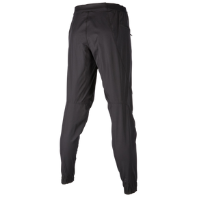 Schwarze Sporthose von hinten, die ihr schlankes Design und ihre schmale Passform hervorhebt. Die O'NEAL TRAILFINDER Women's MTB Hose von O'NEAL bietet sowohl Komfort als auch Schutz mit einem Reißverschluss und glattem, synthetischem Material.