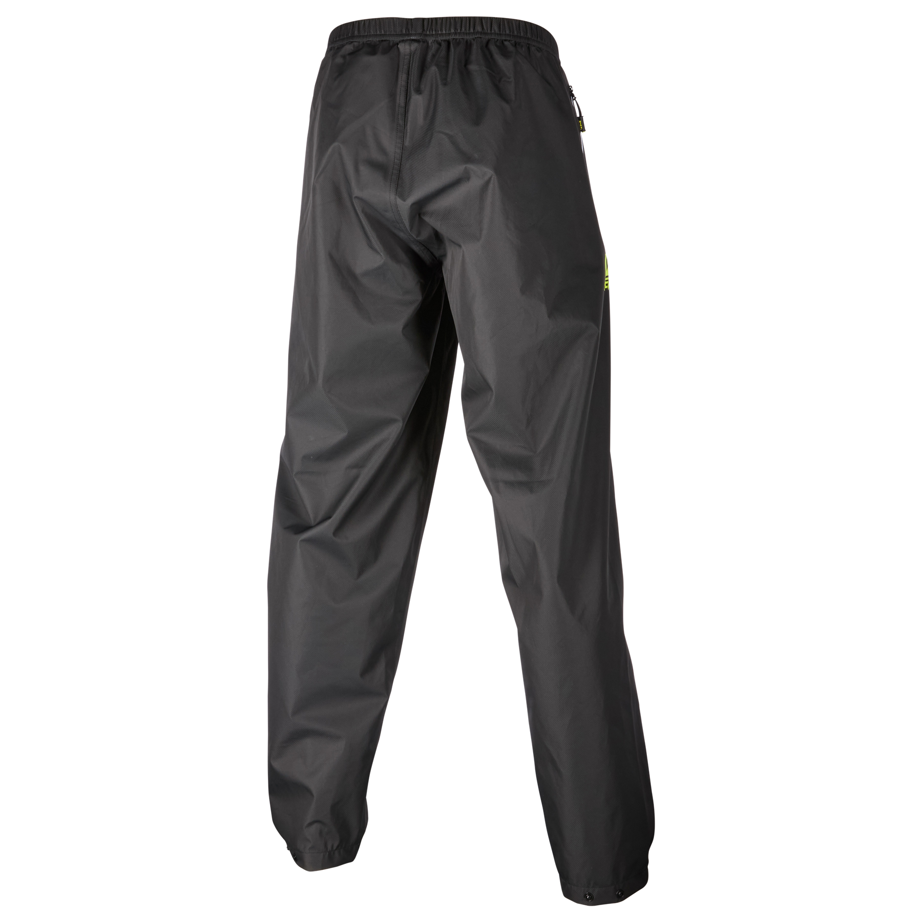 Ein Paar schwarze O'NEAL TSUNAMI Regenhosen vor weißem Hintergrund. Diese wasserdichten Hosen von O'NEAL haben einen elastischen Bund und gerade Beine ohne sichtbare Taschen oder Reißverschlüsse und bieten hervorragenden Schutz für den Einsatz im Freien oder bei Regenwetter.