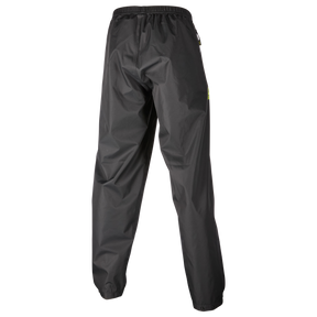 Ein Paar schwarze O'NEAL TSUNAMI Regenhosen vor weißem Hintergrund. Diese wasserdichten Hosen von O'NEAL haben einen elastischen Bund und gerade Beine ohne sichtbare Taschen oder Reißverschlüsse und bieten hervorragenden Schutz für den Einsatz im Freien oder bei Regenwetter.