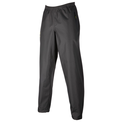 Eine schwarze Sporthose mit elastischem Bund und schmal zulaufenden Beinen. Die Hose, inspiriert von der O'NEAL TSUNAMI Regenhose, verfügt über Reißverschlusstaschen auf beiden Seiten und ein dezentes Logo neben der linken Tasche. Sie besteht aus leichtem Material und eignet sich daher für Outdoor-Aktivitäten.