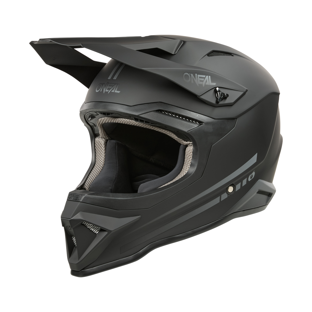 Ein mattschwarzer Integralhelm mit eckigem Design, der oben und seitlich den Markennamen „O'NEAL“ trägt. Der O'NEAL 1SRS Helm SOLID ist mit einem Visier, Belüftungsöffnungen und einer Innenpolsterung für Komfort und Schutz ausgestattet und verkörpert hochwertige Technik.