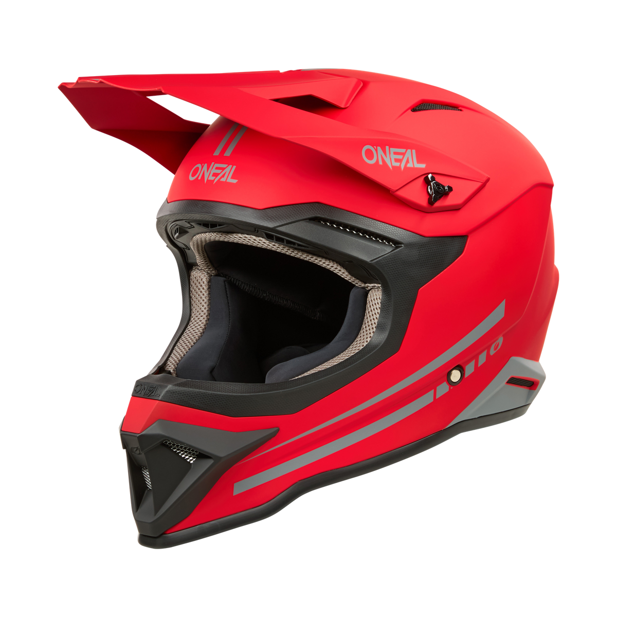 Der O'NEAL 1SRS Helm SOLID ist ein leuchtend roter Motocross-Helm mit Integraldesign, schwarz-grauer Innenausstattung, großem Visier und schlanken aerodynamischen Linien. Dieser ABS-Motocross-Helm verfügt über stilvolle silberne Akzente und das prominent auf der Stirnpartie angebrachte O'Neal-Logo, das seine hochwertige Technik unterstreicht.