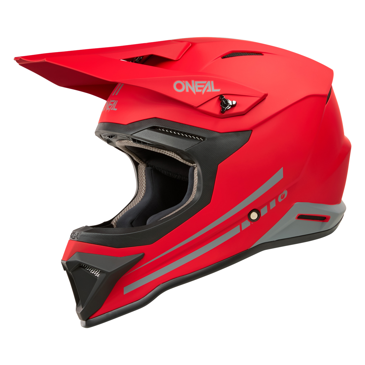 Ein leuchtend roter O'NEAL 1SRS Helm SOLID mit breitem Visier und eckigem Design. Der Helm hat ein glattes, mattes Finish, aerodynamische Belüftungsöffnungen und dezente graue Akzente. Der Markenname „O'Neal“ ist auf der Vorderseite und an der Seite deutlich zu sehen. Sein Inneres ist für mehr Komfort gepolstert und unterstreicht die hochwertige Verarbeitung.