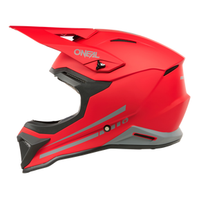 Der O'NEAL 1SRS Helm SOLID ist ein roter Integralhelm für Motorradfahrer mit mattem Finish, aerodynamischen Konturen und einem markanten Visier. Dieser hochwertige Helm trägt den Markennamen „O'NEAL“ in Weiß oben, Belüftungsöffnungen für eine verbesserte Luftzirkulation und graue und schwarze Akzente, die zu seinem modernen Design beitragen.