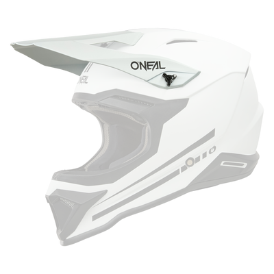Der O'NEAL Visor 1SRS Helmet SOLID, ein weiß-schwarzer Motocross-Vollvisierhelm mit kantigem Design, ist in der Seitenansicht vor einem schlichten schwarzen Hintergrund abgebildet.