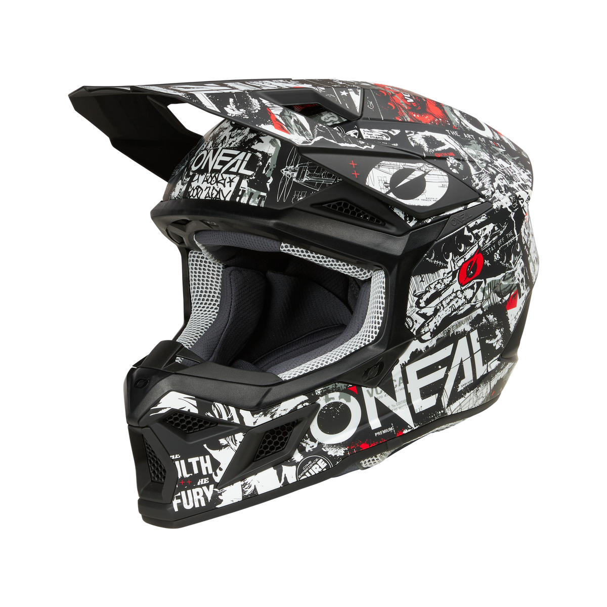 Der O'NEAL 3SRS Helm ATTACK ist ein schwarz-rot-weißer Motocross-Helm aus der Motocross Profi-Serie. Er verfügt über ein Visier und einen Kinnschutz sowie ein dynamisches Design im Graffiti-Stil mit verschiedenen Mustern und Texten. Der Helm verfügt außerdem über eine sichtbare Innenpolsterung und Belüftungsöffnungen.