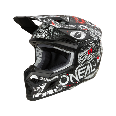 Der O'NEAL 3SRS Helm ATTACK ist ein schwarz-rot-weißer Motocross-Helm aus der Motocross Profi-Serie. Er verfügt über ein Visier und einen Kinnschutz sowie ein dynamisches Design im Graffiti-Stil mit verschiedenen Mustern und Texten. Der Helm verfügt außerdem über eine sichtbare Innenpolsterung und Belüftungsöffnungen.
