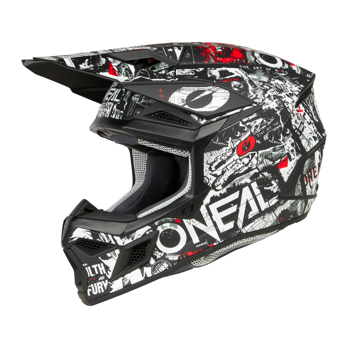 Ein O'NEAL 3SRS Helm ATTACK mit weißen und roten Grafiken im Graffiti-Stil, einschließlich fettem „O'NEAL“-Schriftzug an der Seite. Dieser schwarze ABS Motocross Profi-Helm verfügt über ein Visier, Belüftungsöffnungen und eine gepolsterte Innenausstattung, die sowohl Sicherheit als auch Komfort gewährleistet.
