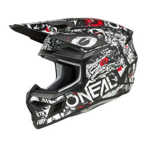 Ein O'NEAL 3SRS Helm ATTACK mit weißen und roten Grafiken im Graffiti-Stil, einschließlich fettem „O'NEAL“-Schriftzug an der Seite. Dieser schwarze ABS Motocross Profi-Helm verfügt über ein Visier, Belüftungsöffnungen und eine gepolsterte Innenausstattung, die sowohl Sicherheit als auch Komfort gewährleistet.