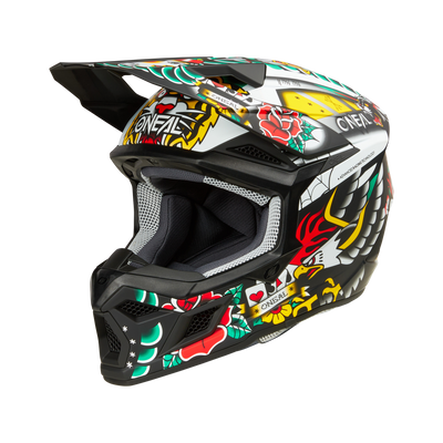 Der O'NEAL 3SRS Helm INKED ist ein farbenfroher Motocross-Helm mit lebendigen Grafiken mit Rosen, einer gelben Sonne und verschiedenen abstrakten Designs. Er verfügt über einen markanten Kinnschutz, ein Visier und aufwendige Details und ist damit eine ausgezeichnete Wahl sowohl für Freizeitfahrer als auch für professionelle Motocross-Enthusiasten, die erstklassigen Schutz suchen.