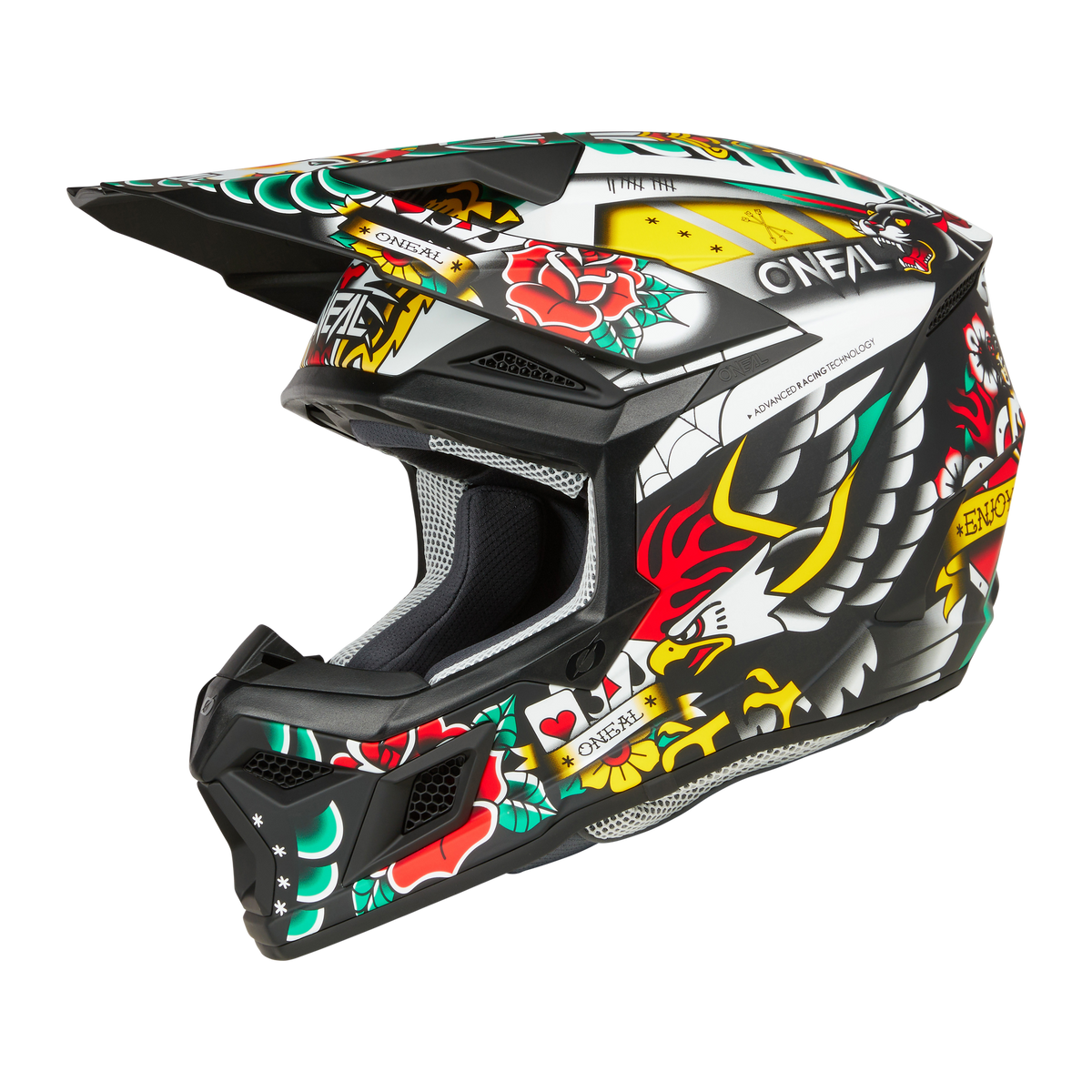 Der O'NEAL 3SRS Helm INKED ist ein lebendiger Motocross-Helm mit kräftigen, farbenfrohen Designs aus Blumen, Flügeln und abstrakten Mustern. Der Helm zeigt deutlich den Markennamen „O'Neal“ auf schwarzem Untergrund mit auffälligen Akzenten in Rot, Gelb, Grün und Weiß. Sein Visier ist leicht nach vorne geneigt, um einen professionellen Motocross-Look zu bieten.