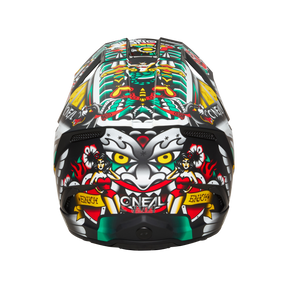 Wir präsentieren den O'NEAL 3SRS Helm INKED, einen farbenfrohen Motorradhelm mit aufwendigen Designs, bunten Mustern, leuchtend roten und gelben Figuren und einem stilisierten Gesicht auf der Rückseite. Dieser Helm ist aus strapazierfähigem ABS-Material für optimalen Schutz gefertigt und ideal für jeden Motocross-Profi. Der Markenname „O'NEAL“ ist deutlich unten zu sehen.
