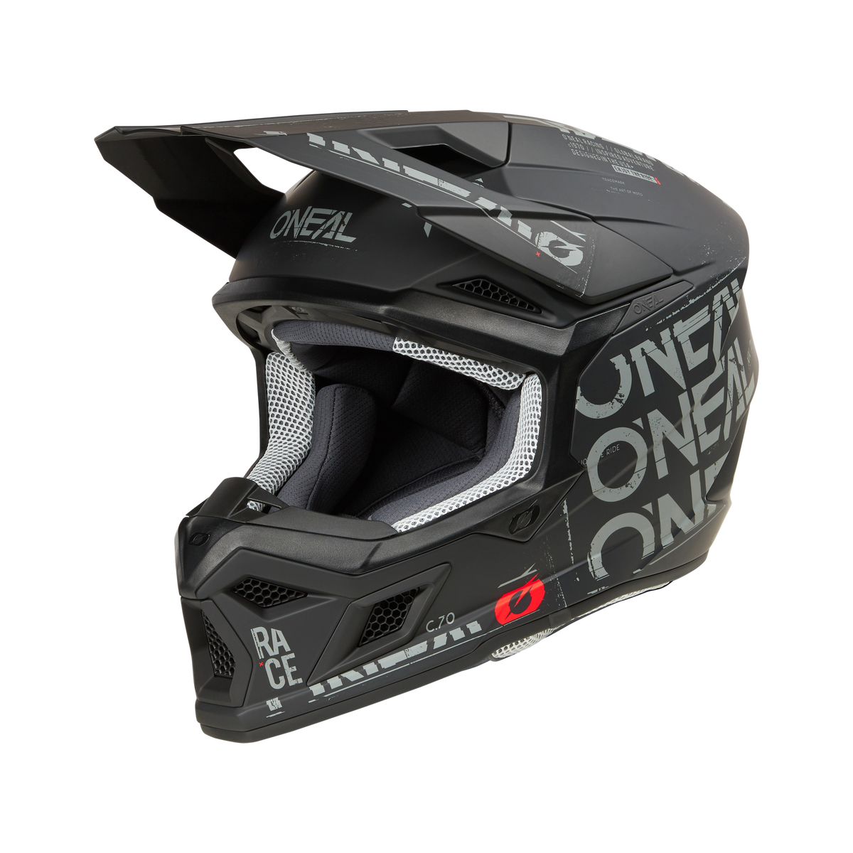 Abgebildet ist ein schwarzer O'NEAL 3SRS Helm STATIC mit elegantem Design und silbernen geometrischen Mustern. Der Helm verfügt über ein großes Visier, Belüftungsöffnungen und eine Polsterung im Inneren für mehr Komfort. Der O'NEAL 3SRS Helm STATIC ist perfekt für Motocross-Fans und zeigt das O'Neal-Logo prominent an der Seite und vorne.