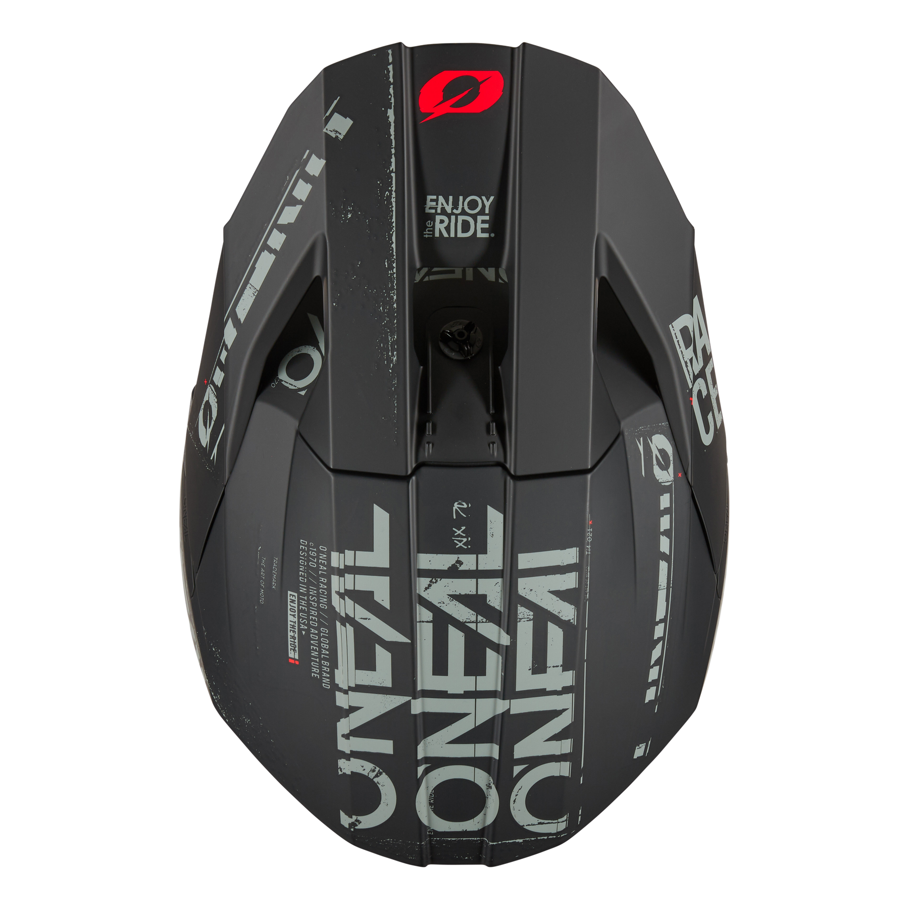 Ein schwarzer O'NEAL 3SRS Helm STATIC Motocross-Helm mit glänzender Oberfläche und auffälligen weißen Logos und Texten. Auf der Oberseite des ABS-Helms sind stolz die Worte „ENJOY THE RIDE“ zu sehen, begleitet von eckigen Designelementen.