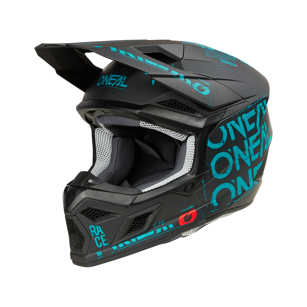 Ein schwarzer O'NEAL 3SRS Helm STATIC Motocross-Helm mit eckigem Design verfügt über blaugrüne Akzentgrafiken, darunter das Wort „O'NEAL“ und die Modellkennung „Race C-70“. Dieser ABS-Helm verfügt über ein großes Visier, Belüftungsschlitze und eine gepolsterte Innenseite für optimalen Komfort.