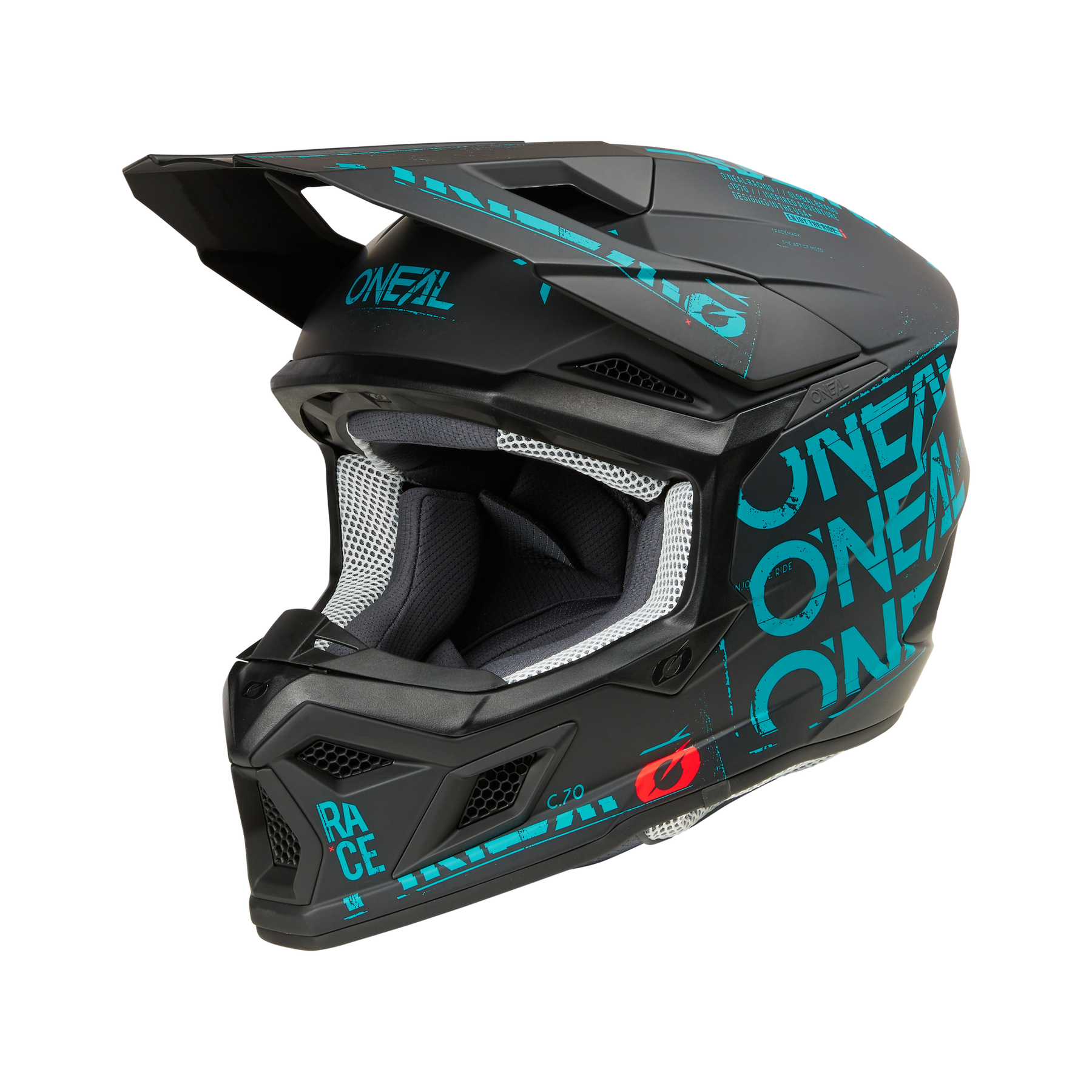 Ein schwarzer und blaugrüner O'NEAL 3SRS Helm STATIC Vollgesichts-Motocross-Helm mit Visier, auffälligem "O'NEAL"-Schriftzug und Belüftungsöffnungen an der Vorderseite (von vorne links).