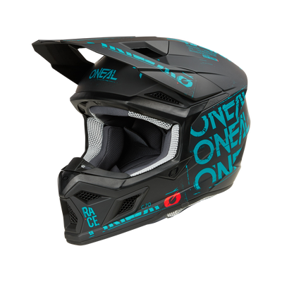 Ein schwarzer und blaugrüner O'NEAL 3SRS Helm STATIC Vollgesichts-Motocross-Helm mit Visier, auffälligem "O'NEAL"-Schriftzug und Belüftungsöffnungen an der Vorderseite (von vorne links).