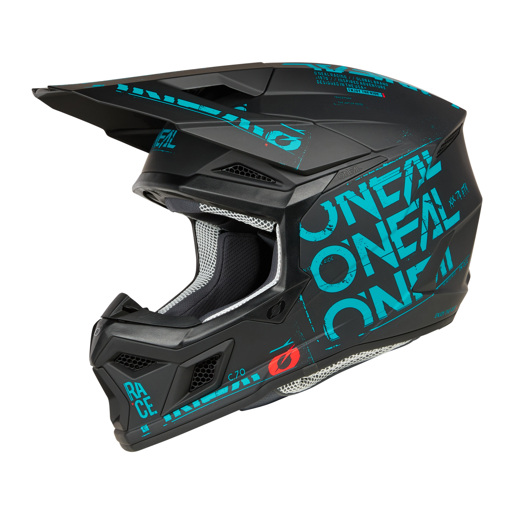 Ein mattschwarzer O'NEAL 3SRS Helm STATIC Vollvisier-Motocross-Helm mit blaugrünen grafischen Akzenten, "ONEAL"-Schriftzug, Visier, gepolsterter Innenausstattung und Belüftung wird auf einem schlichten schwarzen Hintergrund gezeigt.