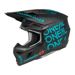 Ein schwarzer Integralhelm O'NEAL 3SRS Helm STATIC mit blaugrünen Grafiken trägt deutlich den Markennamen „O'NEAL“. Er verfügt über eckige Belüftungsöffnungen, ein großes Visier und Polsterung. Das Modell ist mit „5SERIES“ und dem Text „RACE“ und „C-70“ gekennzeichnet.