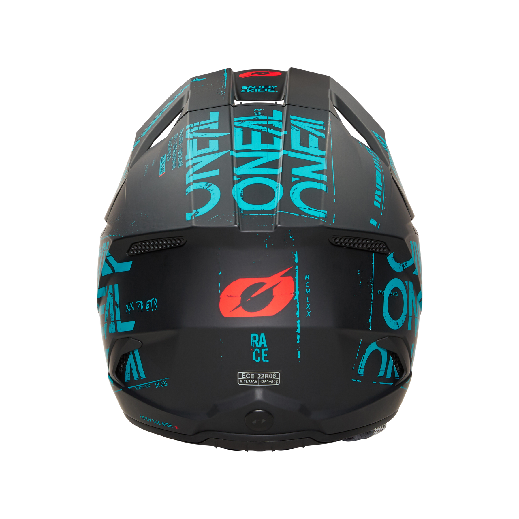 Der O'NEAL 3SRS Helm STATIC in Schwarz und Teal bietet auffällige Grafiken, ein mattes Finish und ein eindeutiges Branding mit einem roten Logo in der Nähe des oberen Hecks - ideal für Motocross-Fans.