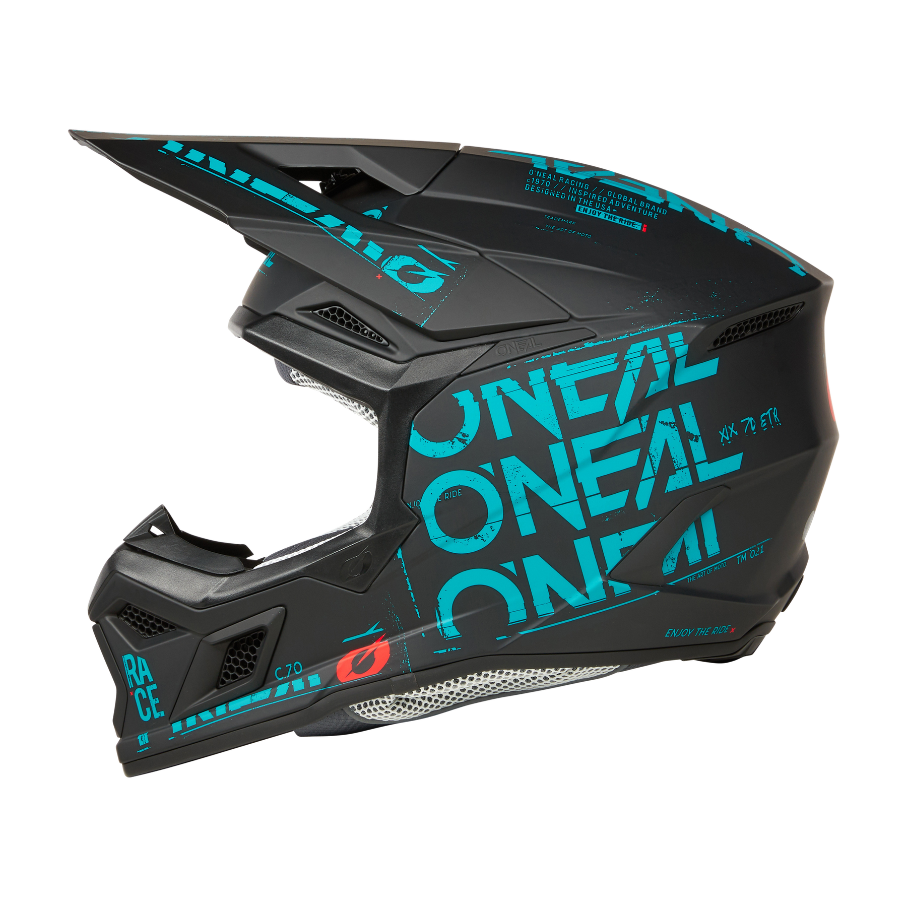 Der O'NEAL 3SRS Helm STATIC ist ein schwarzer Integralhelm mit blauer Grafik, O'NEAL-Branding, einem Visier, Belüftungsöffnungen und einem aerodynamischen Design - ideal für Motocross-Fans.