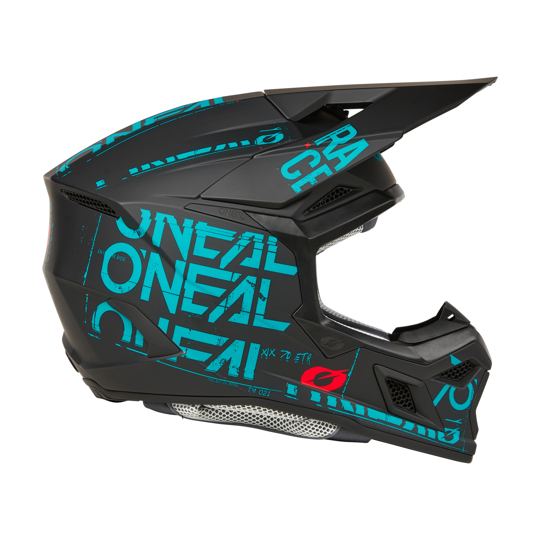 Der O'NEAL 3SRS Helm STATIC ist ein schwarzer Fullface-Motocross-Helm mit geometrischer Grafik in Petrol, auffälligem ONEAL"-Branding, Visier, Kinnschutz und Belüftung für optimale Luftzirkulation.