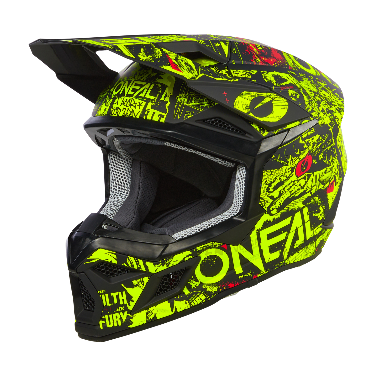 Der O'NEAL 3SRS Helm Kinder ATTACK ist ein Motocross-Helm mit schwarzer Basis, verziert mit neongelben und roten Grafikdesigns. Der Helm trägt den Markennamen „O'NEAL“ auf der Seite und verfügt über eine eckige, aggressive Form mit Visier und Belüftungsöffnungen.