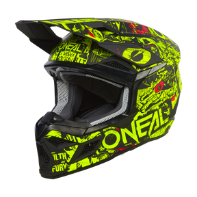 Der O'NEAL 3SRS Helm Kinder ATTACK ist ein Motocross-Helm mit schwarzer Basis, verziert mit neongelben und roten Grafikdesigns. Der Helm trägt den Markennamen „O'NEAL“ auf der Seite und verfügt über eine eckige, aggressive Form mit Visier und Belüftungsöffnungen.