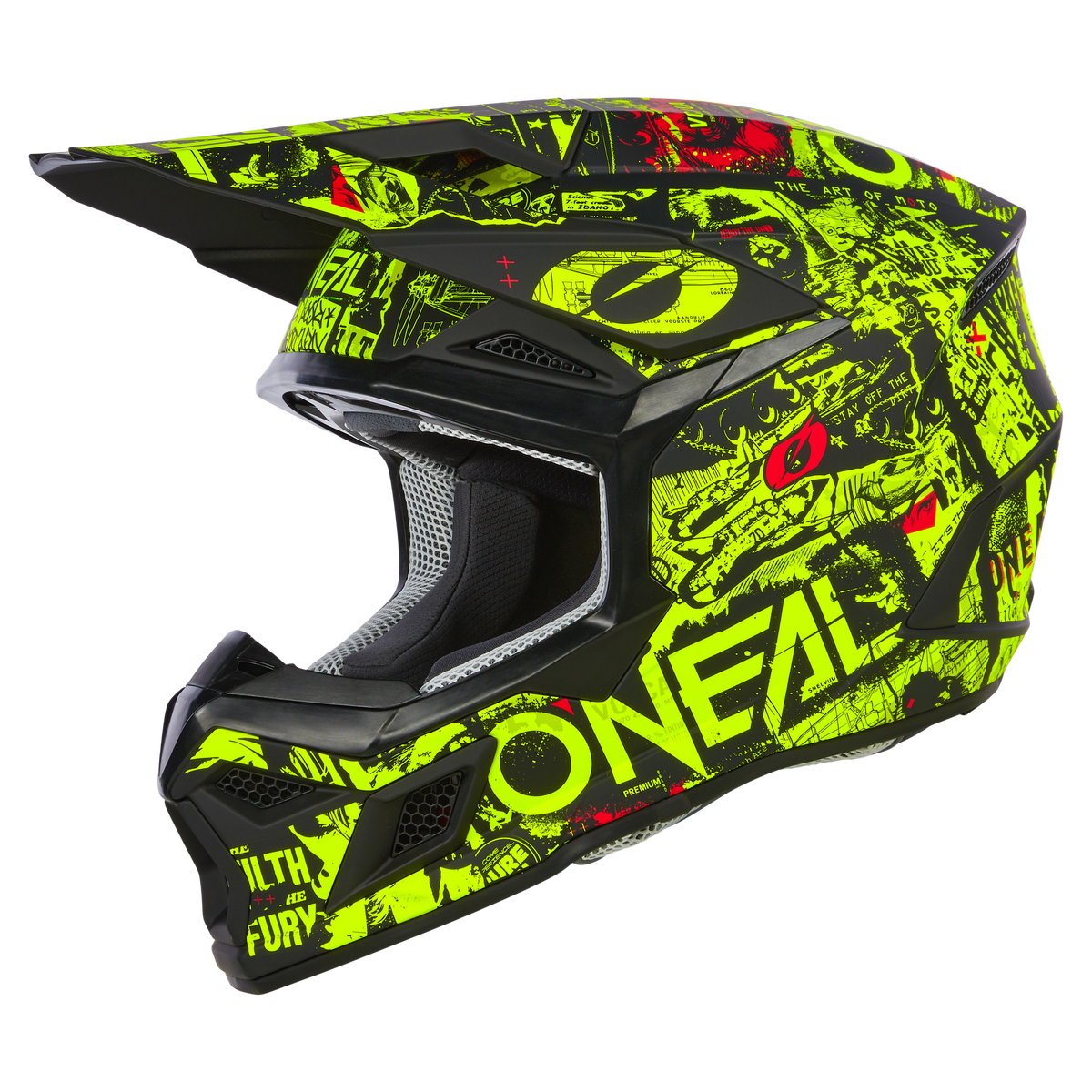 Der O'NEAL 3SRS Helm Kinder ATTACK ist ein Integralhelm für Motocross in Schwarz und Neongelb, verziert mit auffälligen Grafikdesigns und dem prominent platzierten „O'NEAL“-Logo. Er verfügt über ein Visier und ein Belüftungssystem und zeigt einen kühnen und dynamischen Stil, der sich ideal für das Fahren im Gelände eignet.
