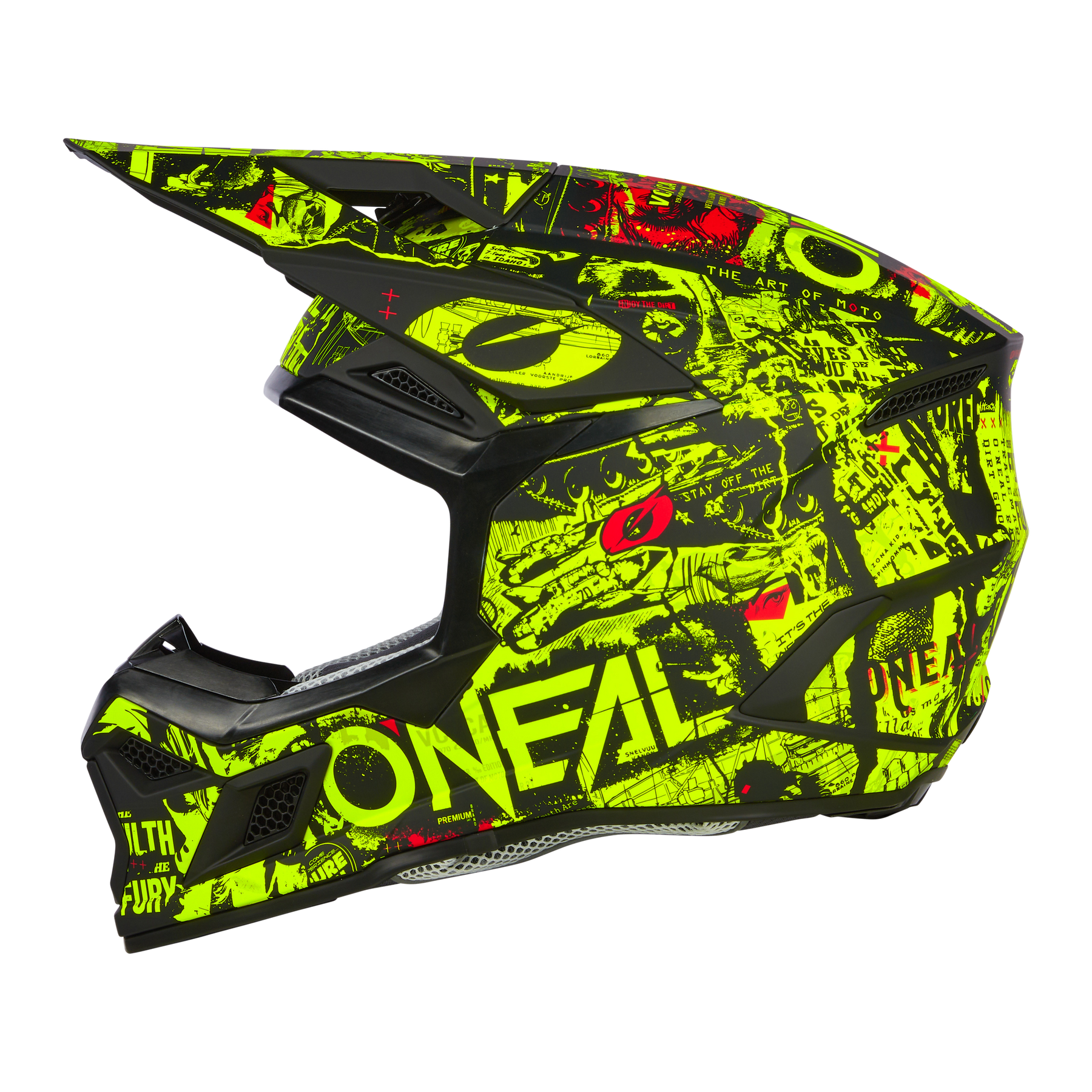 Der O'NEAL 3SRS Helm Kinder ATTACK ist ein lebendiger Motocross-Helm, der eine auffällige Mischung aus neongelben, schwarzen und roten Grafiken präsentiert. Er ist mit auffälligen Designs verziert, zeigt deutlich den Markennamen „O'NEAL“ und verfügt über verschiedene abstrakte Muster. Der Helm verfügt außerdem über ein Visier und bietet Vollgesichtsabdeckung für optimalen Schutz.