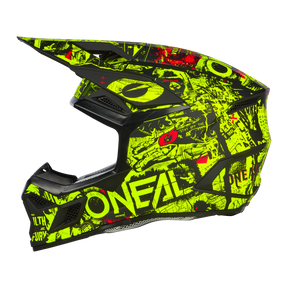 Der O'NEAL 3SRS Helm Kinder ATTACK ist ein lebendiger Motocross-Helm, der eine auffällige Mischung aus neongelben, schwarzen und roten Grafiken präsentiert. Er ist mit auffälligen Designs verziert, zeigt deutlich den Markennamen „O'NEAL“ und verfügt über verschiedene abstrakte Muster. Der Helm verfügt außerdem über ein Visier und bietet Vollgesichtsabdeckung für optimalen Schutz.