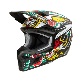 Der O'NEAL 3SRS Helm Kinder INKED ist ein Fullface-Motocross-Helm für Kinder mit farbenfrohen Grafiken - Blumen, Herzen und abstrakte Formen - auf einer schwarz/weißen Basis. Er verfügt über ein Visier und ein auffälliges O'NEAL-Branding, perfekt für junge Fahrer.