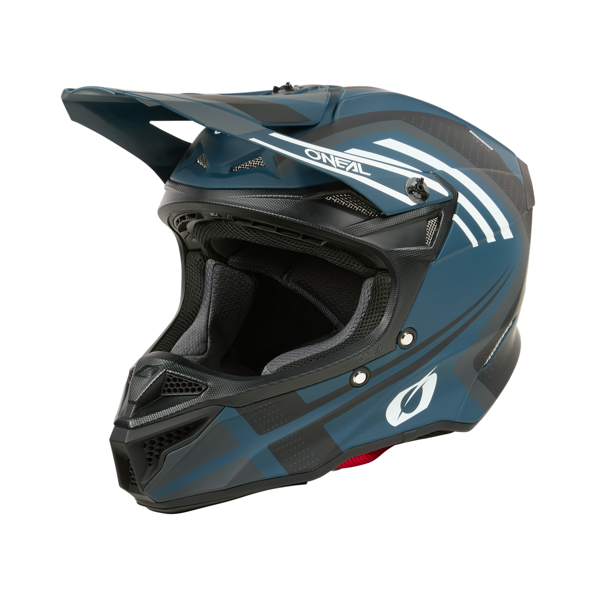Der O'NEAL 5SRS Polyacrylite Helm SPIKE ist ein robuster Integralhelm für Motorradfahrer in Schwarz und Blau mit weißen Akzenten. Er verfügt über das Markenlogo „O'Neal“ an der Seite, einen verstärkten Kinnschutz und ein Visier an der Vorderseite für zusätzlichen Schutz. Die Innenseite ist für mehr Komfort gepolstert und zeugt durchweg von hochwertiger Technik.