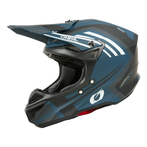 Ein dunkelblauer und schwarzer O'NEAL 5SRS Polyacrylite Helm SPIKE mit weißen Akzenten und dem ikonischen O'Neal-Logo an der Seite. Der Helm verfügt über ein Visier, Belüftungsschlitze und ein rotes Innenfutter, das durch den Kinnbereich sichtbar ist. Seine schlanken, eckigen Linien zeigen hochwertige Technik für einen aerodynamischen Look.