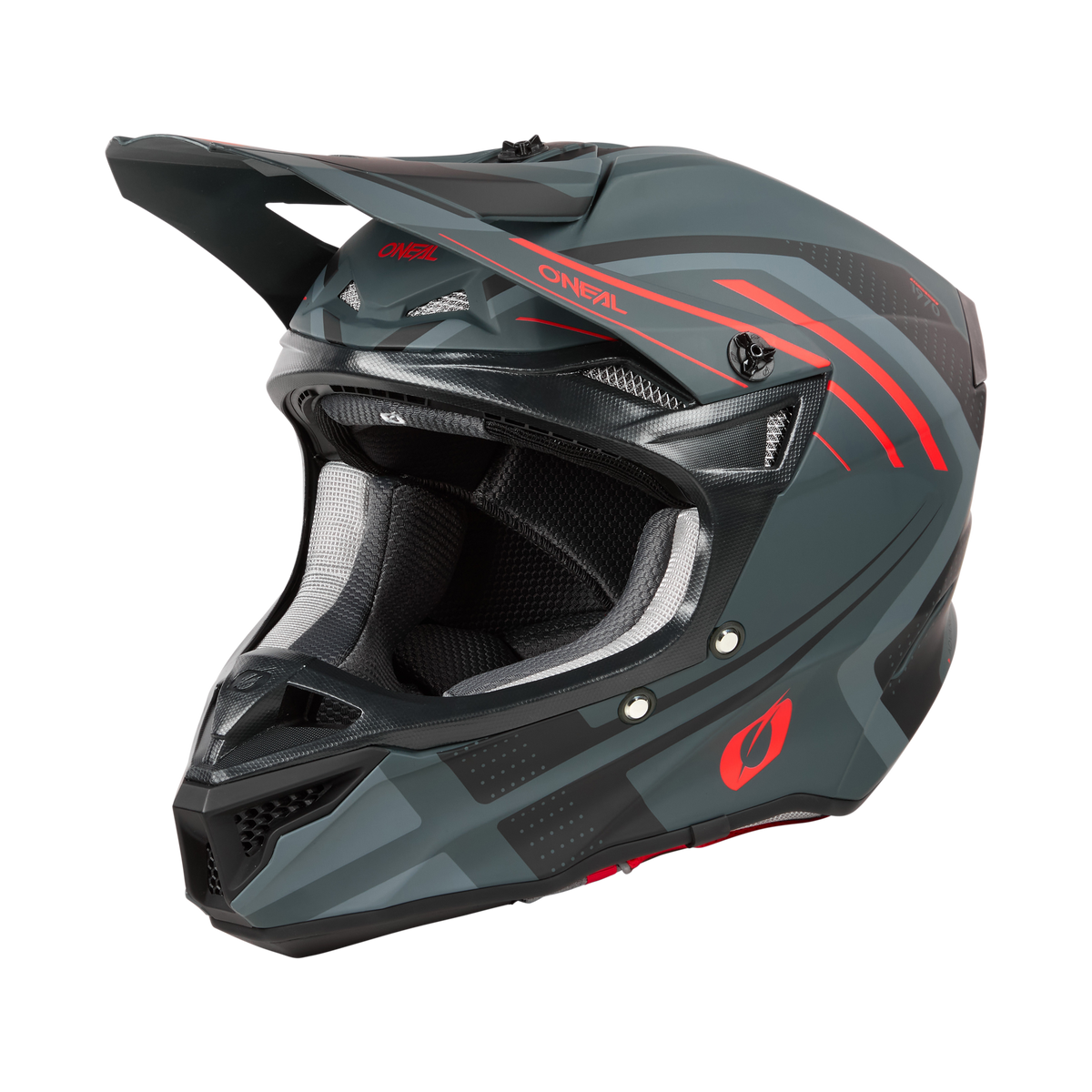 Der O'NEAL 5SRS Polyacrylite Helm SPIKE, ein schwarz-grauer Integralhelm mit roten Akzenten, verfügt über ein Visier, mehrere Belüftungspunkte und ein schlankes, aerodynamisches Design. Er ist mit einer Innenpolsterung für Komfort und Sicherheit ausgestattet und zeigt hochwertige Technik mit dem O'Neal-Logo an der Seite.