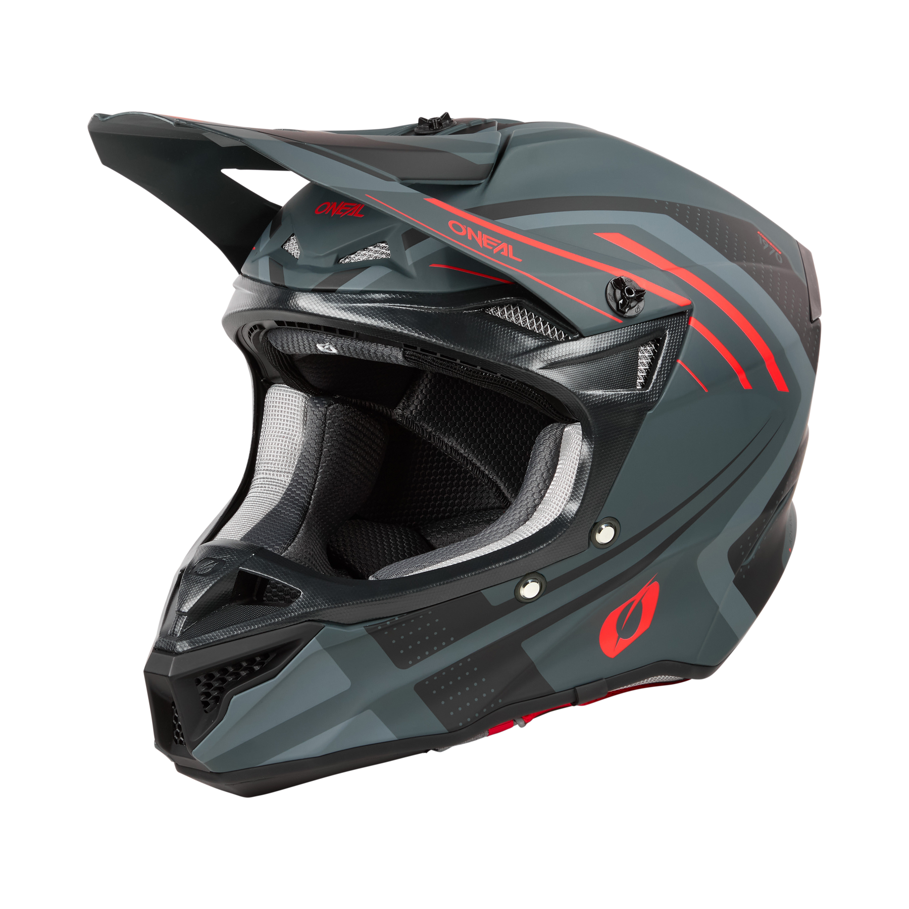 Der O'NEAL 5SRS Polyacrylite Helm SPIKE, ein schwarz-grauer Integralhelm mit roten Akzenten, verfügt über ein Visier, mehrere Belüftungspunkte und ein schlankes, aerodynamisches Design. Er ist mit einer Innenpolsterung für Komfort und Sicherheit ausgestattet und zeigt hochwertige Technik mit dem O'Neal-Logo an der Seite.
