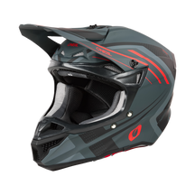 Der O'NEAL 5SRS Polyacrylite Helm SPIKE, ein schwarz-grauer Integralhelm mit roten Akzenten, verfügt über ein Visier, mehrere Belüftungspunkte und ein schlankes, aerodynamisches Design. Er ist mit einer Innenpolsterung für Komfort und Sicherheit ausgestattet und zeigt hochwertige Technik mit dem O'Neal-Logo an der Seite.