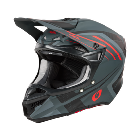 Der O'NEAL 5SRS Polyacrylite Helm SPIKE, ein schwarz-grauer Integralhelm mit roten Akzenten, verfügt über ein Visier, mehrere Belüftungspunkte und ein schlankes, aerodynamisches Design. Er ist mit einer Innenpolsterung für Komfort und Sicherheit ausgestattet und zeigt hochwertige Technik mit dem O'Neal-Logo an der Seite.