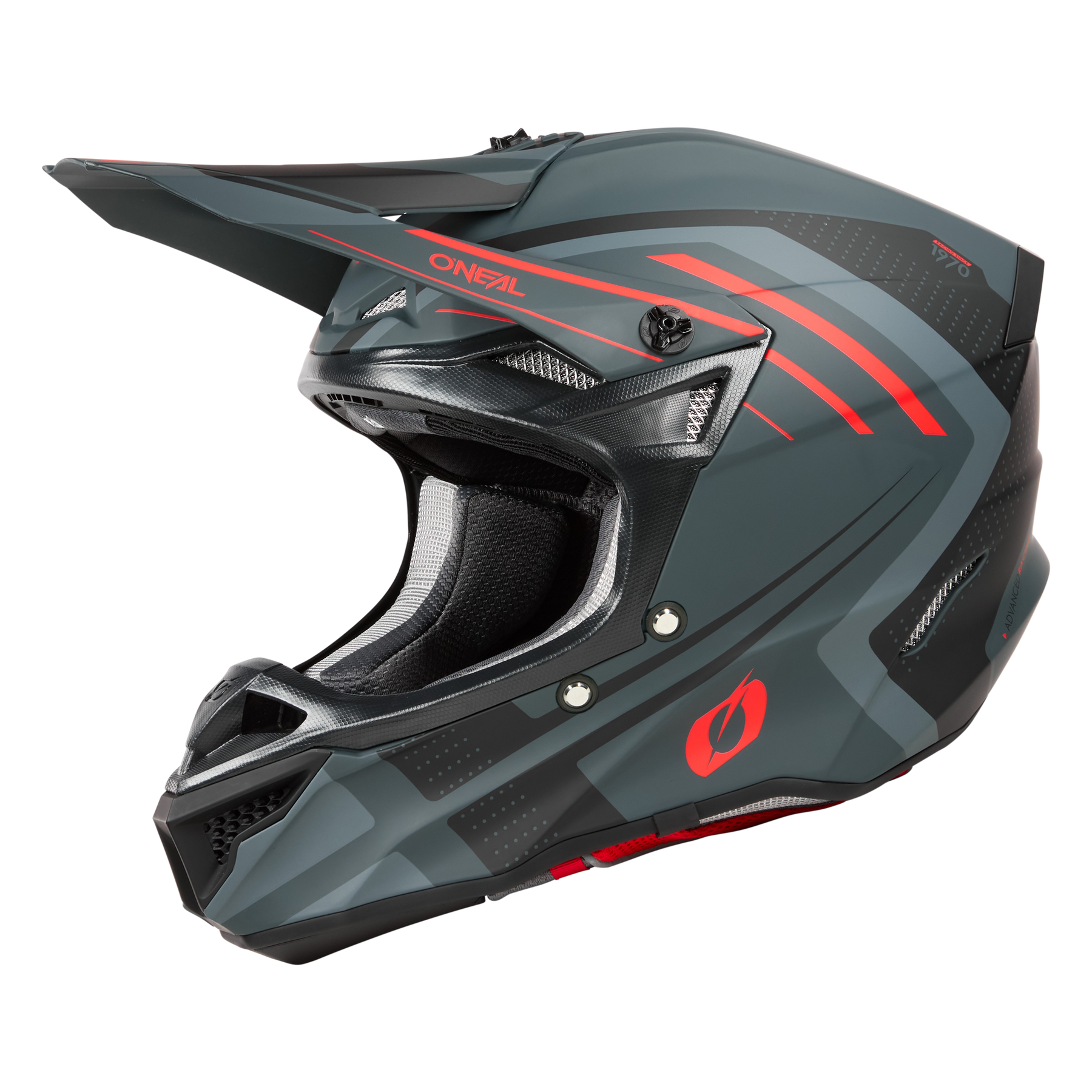 Ein Integralhelm O'NEAL 5SRS Polyacrylite SPIKE in Mattgrau mit roten und schwarzen Akzenten. Hochwertige Technik mit aerodynamischem Design, Belüftungsöffnungen, einem stabilen Kinnschutz und einem Visier. Das O'Neal-Logo ist an der Seite und Vorderseite des Helms sichtbar.