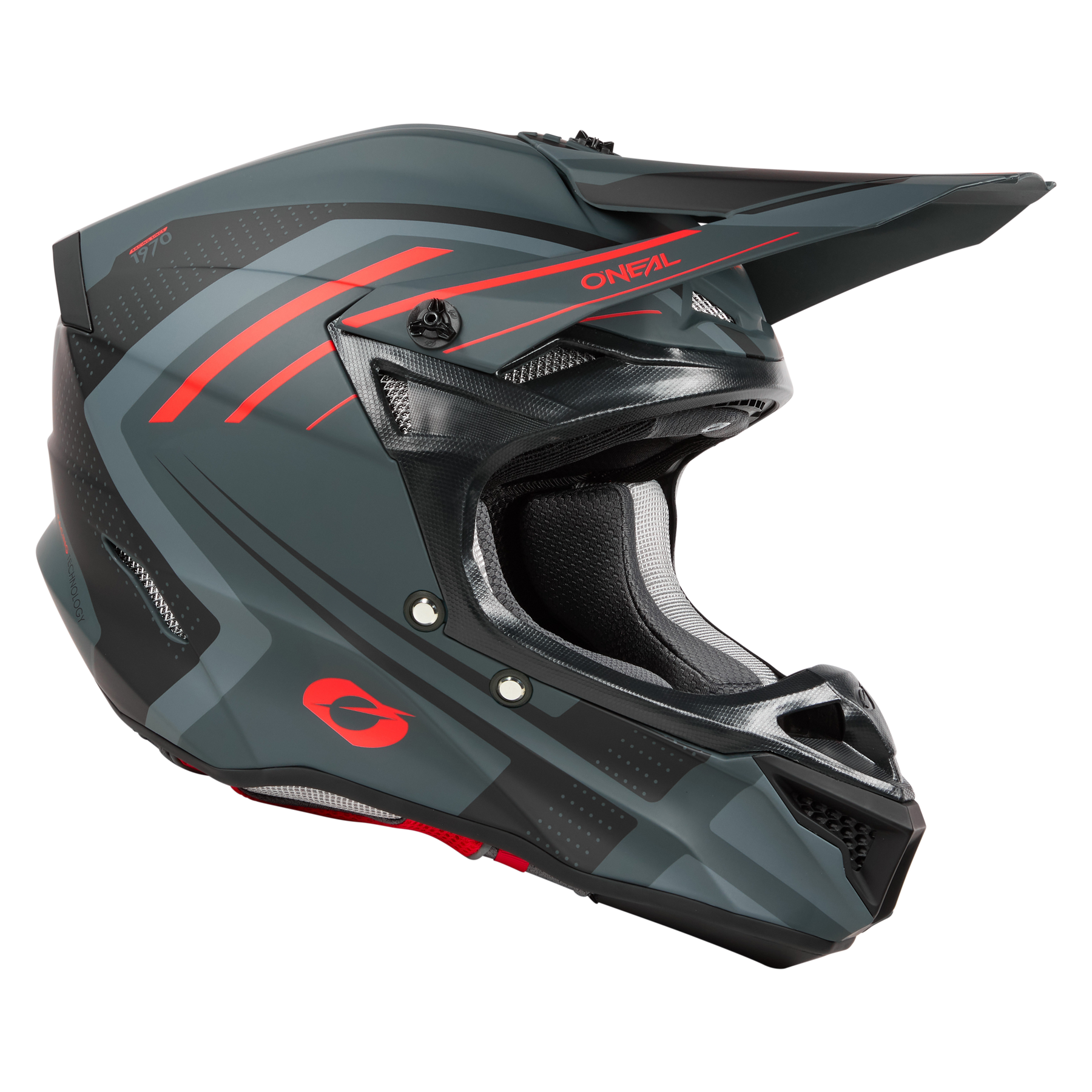Ein mattschwarzer und grauer O'NEAL 5SRS Polyacrylite Helm SPIKE mit roten Akzenten und aerodynamischem Design. Der Helm verfügt über ein Visier, mehrere Belüftungsöffnungen und den Markennamen „O'NEAL“ an der Seite. Er besticht durch ein schlankes, modernes Erscheinungsbild mit hochwertiger Technik, die sowohl Sicherheit als auch Stil betont.