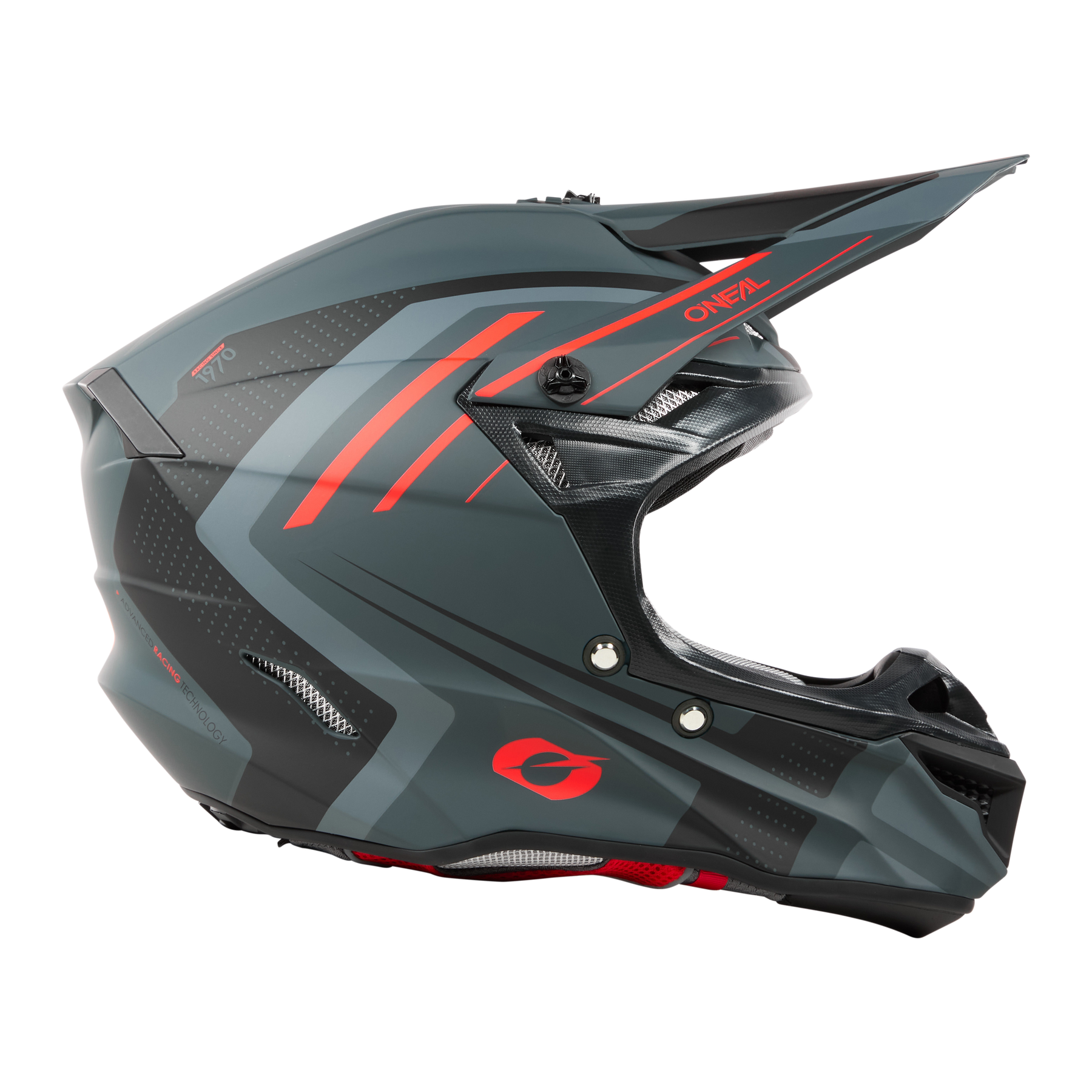 Der O'NEAL 5SRS Polyacrylite Helm SPIKE, ein eleganter Helm in mattem Grau und Schwarz mit auffälligen roten Akzenten, besticht durch ein modernes Design. Er zeichnet sich durch hochwertige Technik mit einem markanten Visier, ausreichender Belüftung und auffälligen geometrischen Mustern für Stil und Schutz aus.
