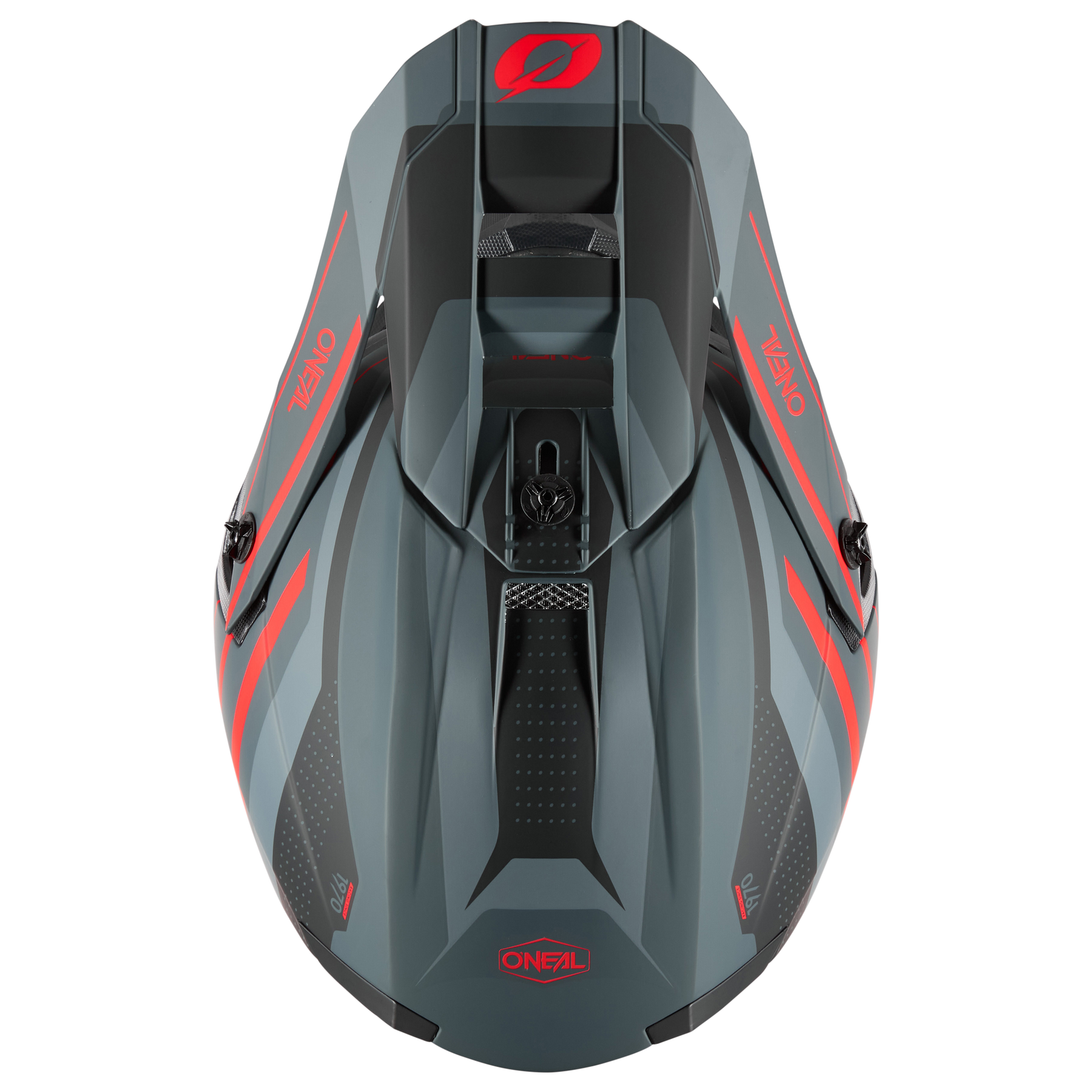 Draufsicht auf ein elegantes, grau-rotes Wasserfahrzeug. Das Wasserfahrzeug verfügt über aerodynamische Designs mit dem Namen „Onezl“ an den Seiten und vorne, was an den O'NEAL 5SRS Polyacrylite Helm SPIKE erinnert. Das Design umfasst Akzente und komplizierte Muster und suggeriert ein modernes, leistungsstarkes Fahrzeug, das die hochwertige Technik der Marke O'NEAL widerspiegelt.