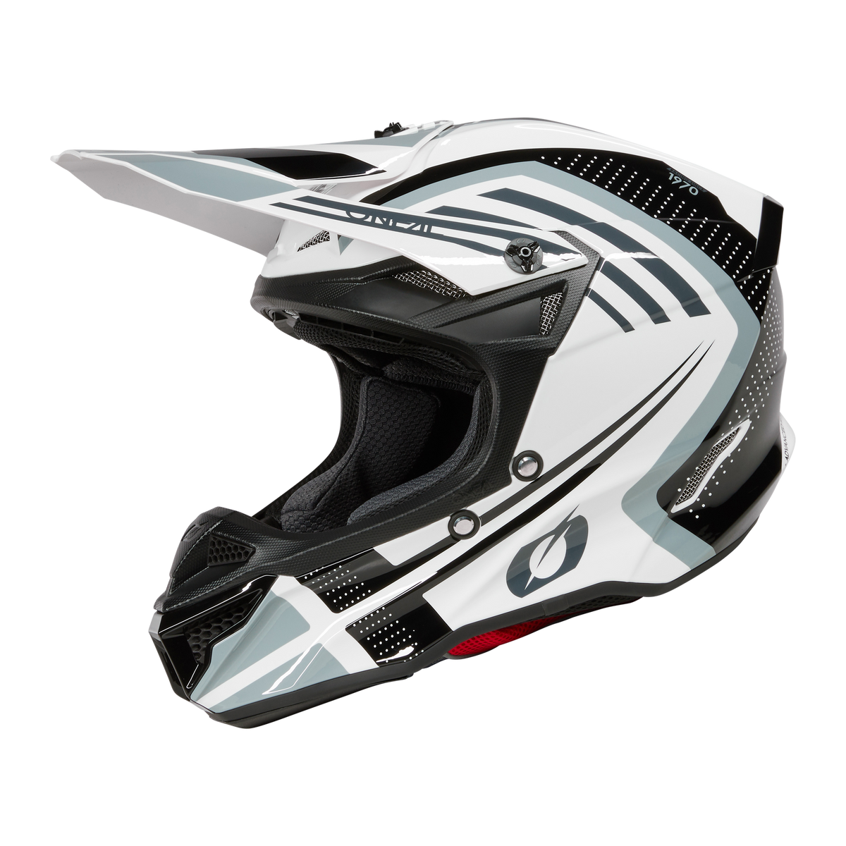 Ein stylischer Offroad-Motorradhelm mit Visier, überwiegend weiß mit geometrischen Akzenten und Details in Schwarz und Grau. Der O’NEAL 5SRS Polyacrylite Helm SPIKE zeichnet sich durch hochwertige Technik, ein modernes Design mit Belüftungsöffnungen und eine gepolsterte Innenausstattung für mehr Komfort aus.
