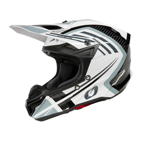 Ein stylischer Offroad-Motorradhelm mit Visier, überwiegend weiß mit geometrischen Akzenten und Details in Schwarz und Grau. Der O’NEAL 5SRS Polyacrylite Helm SPIKE zeichnet sich durch hochwertige Technik, ein modernes Design mit Belüftungsöffnungen und eine gepolsterte Innenausstattung für mehr Komfort aus.