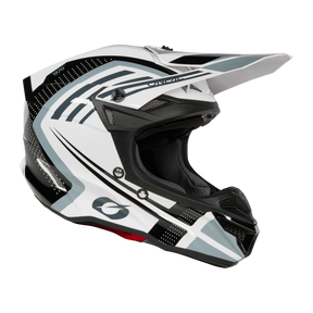 Der O'NEAL 5SRS Polyacrylite Helm SPIKE ist ein weiß-schwarzer Helm mit eckigem, modernem Design und Grafiken. Er verfügt über ein markantes Visier, Belüftungsöffnungen und einen Kinnschutz mit sichtbarer Polsterung im Inneren. Das aerodynamische Design wird durch graue und dünne weiße Linien akzentuiert und verkörpert hochwertige Technik.