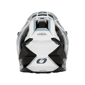 Der O'NEAL 5SRS Polyacrylite Helm SPIKE in Weiß, Schwarz und Grau wird von hinten gezeigt und hebt das Logo der Marke, das aerodynamische Design und die gepunkteten Grafiken hervor. Dieser Helm besticht durch ein schlankes und modernes Aussehen mit Belüftungsöffnungen für eine optimale Luftzirkulation. Seine hochwertige Verarbeitung garantiert Sicherheit und Stil bei jeder Fahrt.