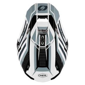 Eine Draufsicht des O'NEAL 5SRS Polyacrylite Helm SPIKE, der ein elegantes Design mit überwiegend weißen, grauen und schwarzen geometrischen Mustern zeigt. Dieses hochwertige technische Wunderwerk mit „O'Neal“-Branding auf Vorder- und Rückseite verfügt außerdem über aerodynamische Belüftungsöffnungen und eine glänzende Oberfläche.