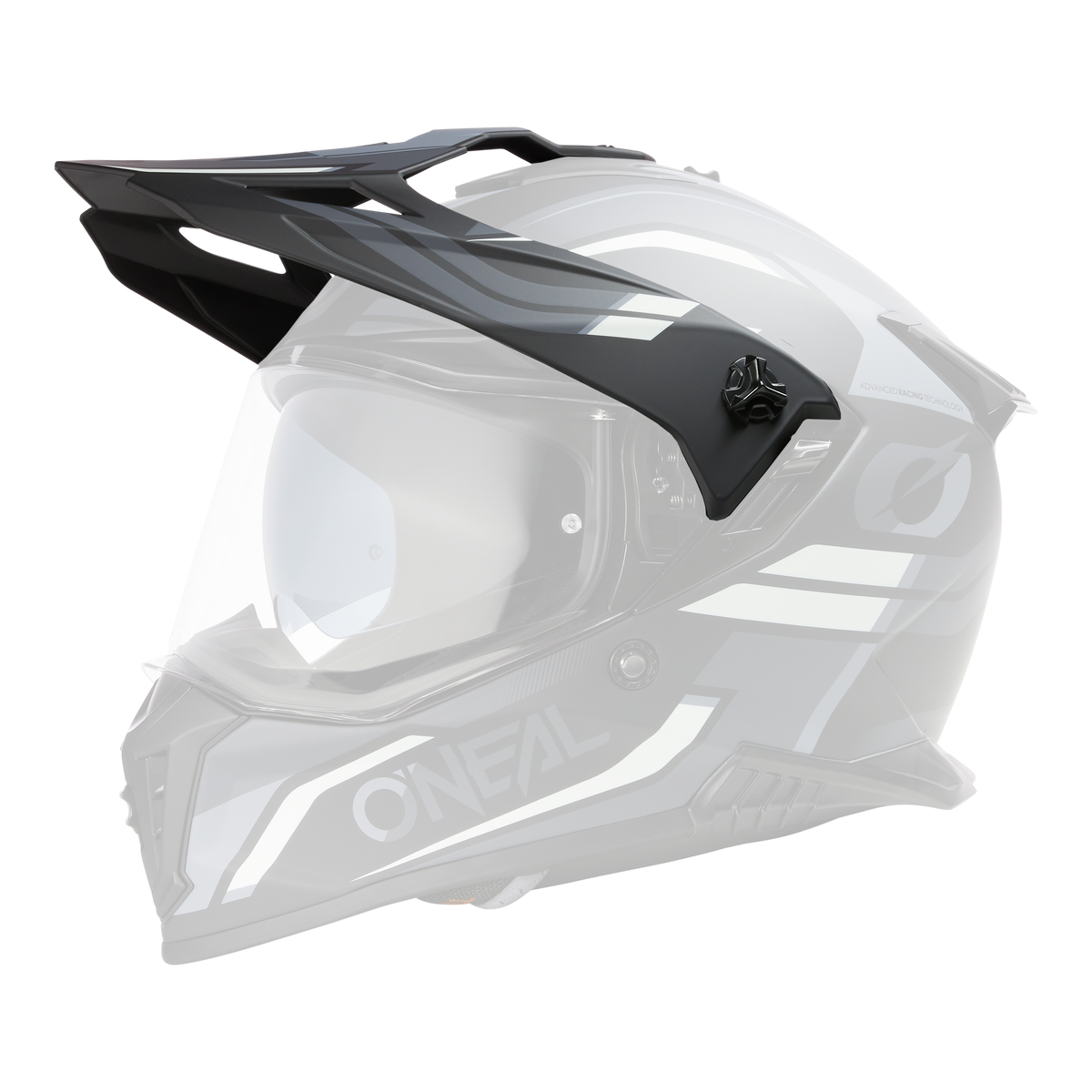 Der O'NEAL Visor A-SRS Helm SPIKE ist ein mattschwarzer und grauer Motocross-Helm mit geometrischen, weißen Akzenten, einem durchsichtigen Visier und dem O'NEAL-Logo auf der Seite, das sich vor einem schwarzen Hintergrund abhebt.